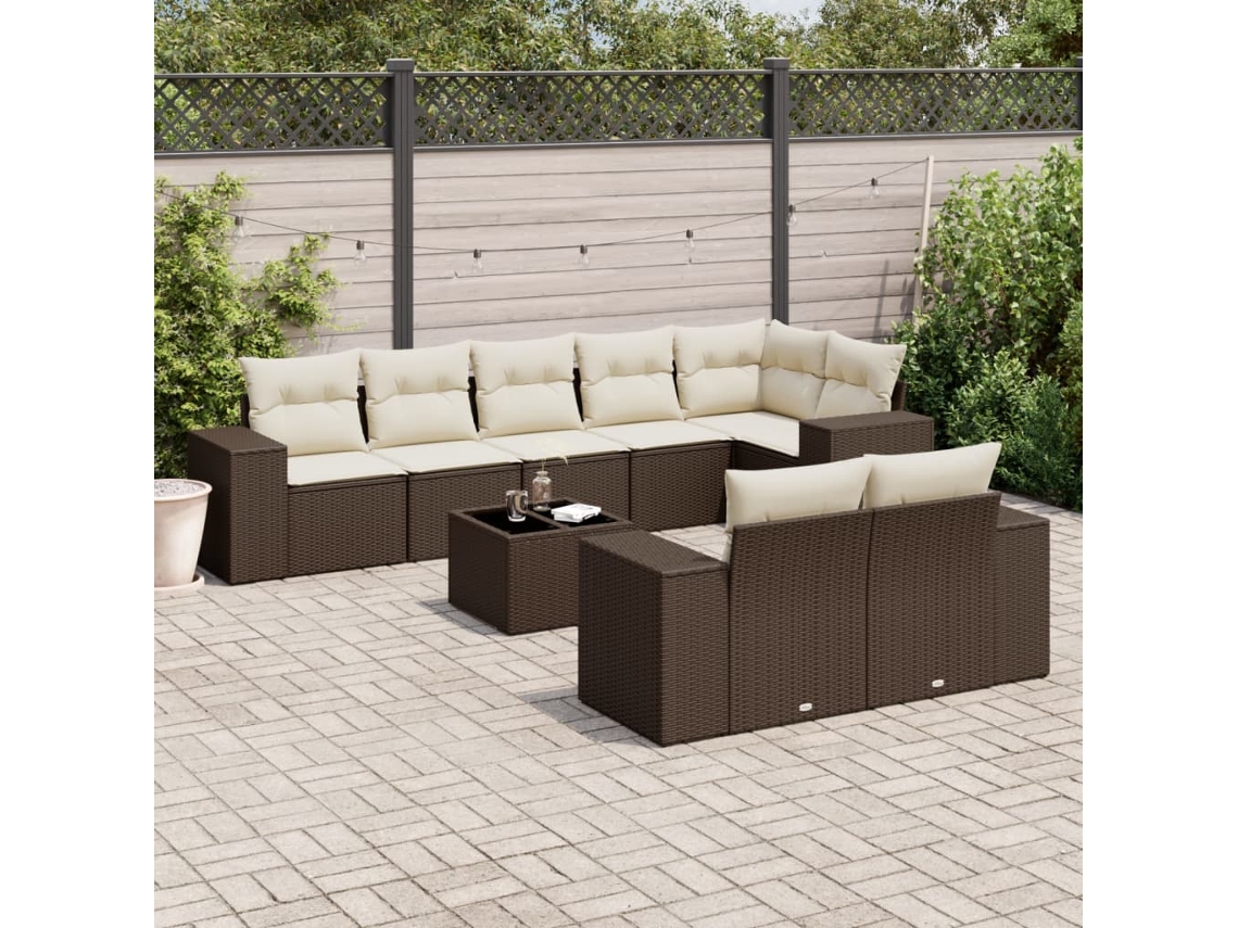 Jogo 9 Peças Sofás P/ Jardim C/ Almofadões Vime Pe Marrom Dkd Home Decor