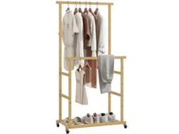 Cabide com 2 barras, prateleira, 4 rodas, bambu, 80x40x160cm, madeira natural