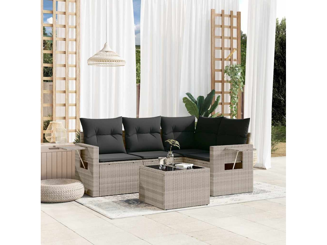 Vidaxl 5 Pcs Conj. Sofás Jardim C/ Almofadões Vime Pe Cinzento-claro