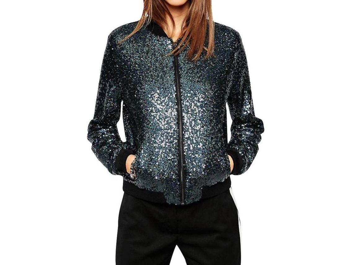 2026 chaqueta Casual Sin Cuello Slim Con Lentejuelas para Mujer Ueg L Azul