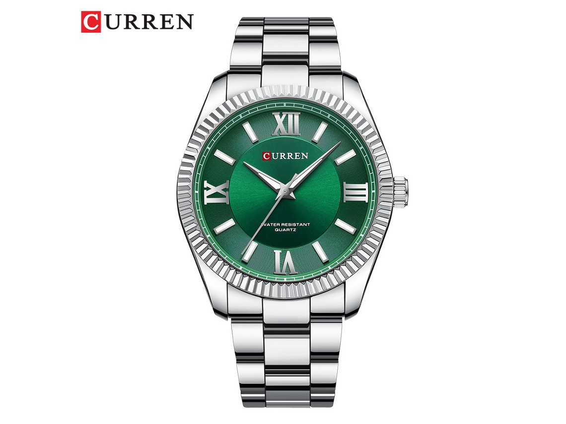 Relógio de Quartzo com Escala Romana, Pulseira de Aço Luminoso para Homens, Relógio de Negócios com Disco Solar MDUG (prata Verde)