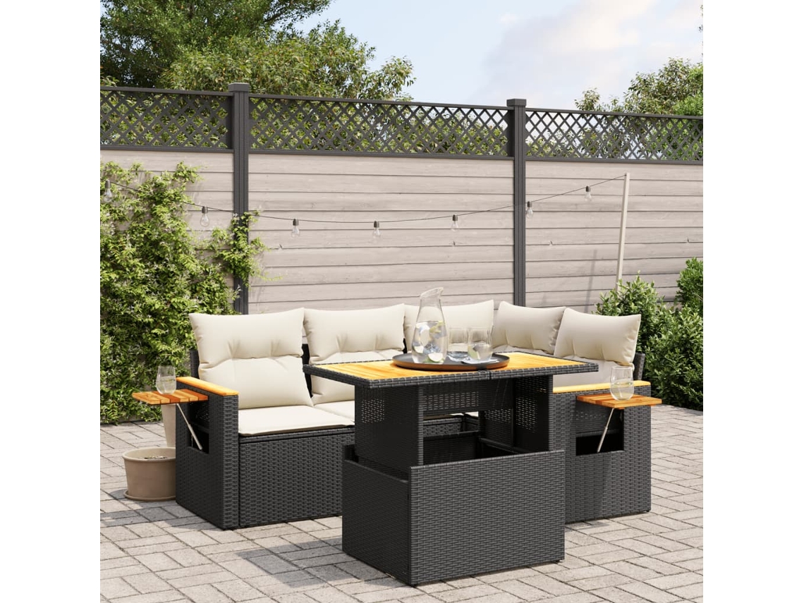 Vidaxl 5 Pcs Conjunto Sofás De Jardim Com Almofadões Vime Pe Preto