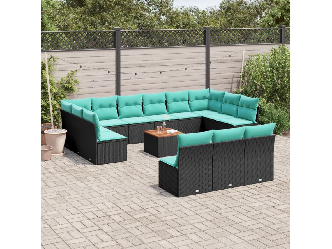 Vidaxl 14 Pcs Conjunto De Sofás P/ Jardim C/ Almofadões Vime Pe Preto