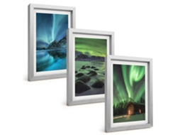 Conjunto De Pinturaspaisagens De Inverno, Aurora Boreal Montanhas Moldura Prateada Quadros Para A Sala De Estar Espelharte (3 Peças 20x30 Cm)