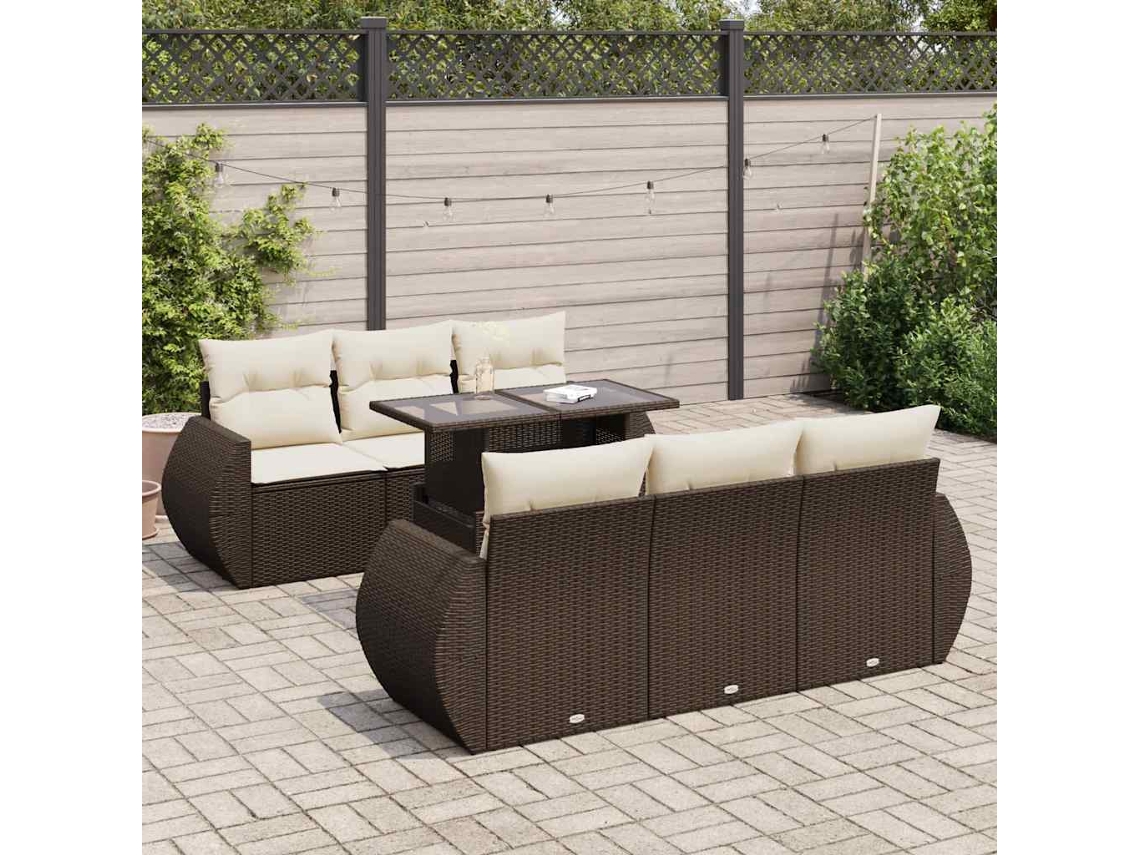 Vidaxl 7 Pcs Conjunto De Sofás Jardim C/ Almofadões Vime Pe Castanho