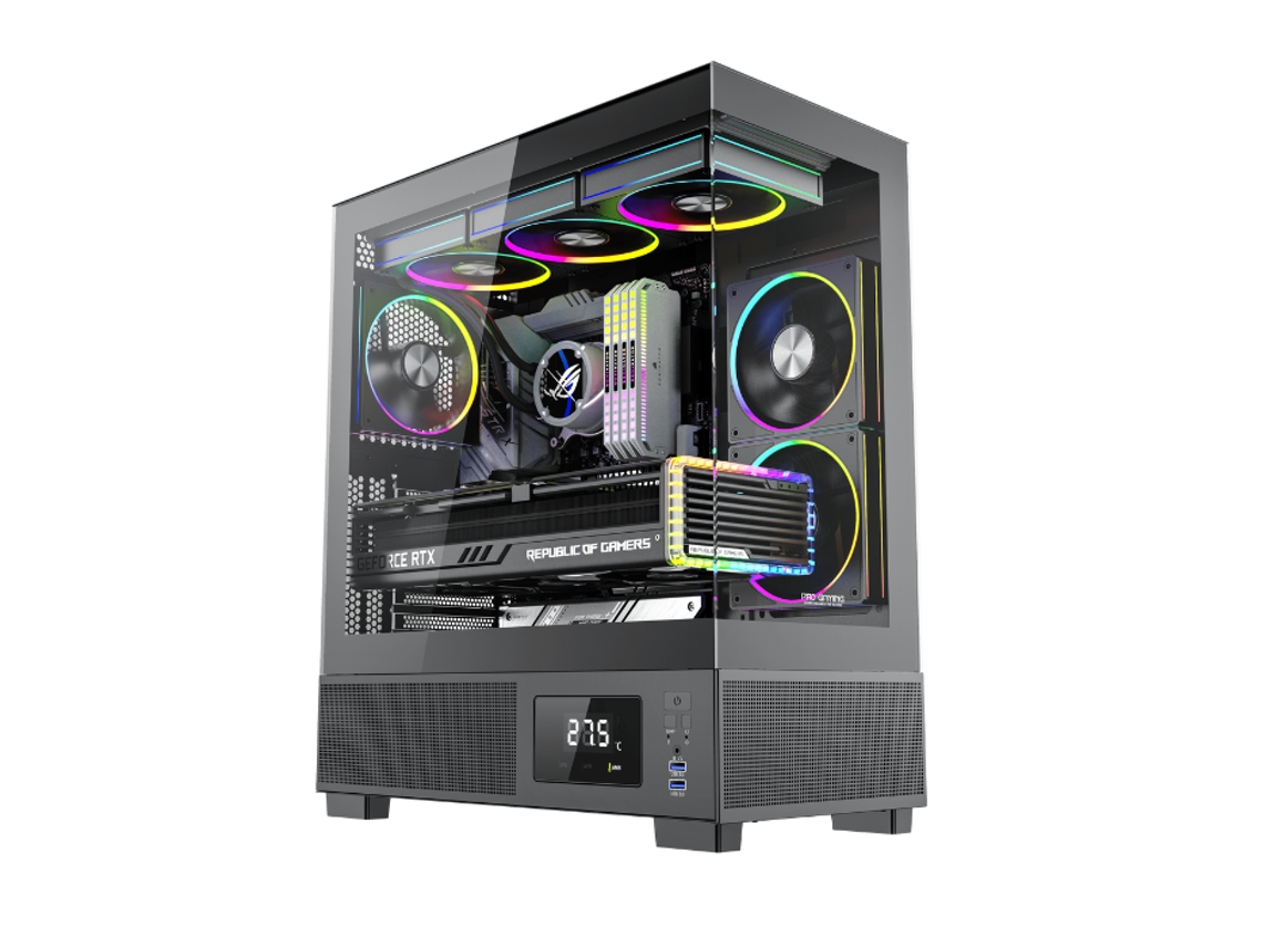 Progaming Kian Preta Caixa Pc Atx Mid Tower Con 6 Ventoinhas Argb (5 Reverse), Hub Argb Pwm Con Mando, Aio 360 Mm, Display Temp Cpu/gpu/ambient