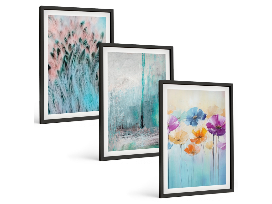 Pinturas Murais Modernas Flores, Padrões De Fundo Pastel Moldura Preta Quadros Para O Escritório Espelharte (3 Piezas De 40x60 Cm)