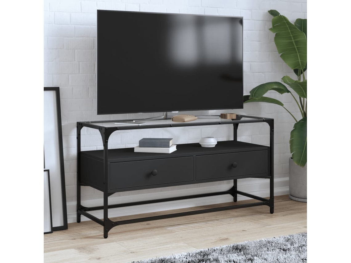 Vidaxl Móvel De Tv C/ Tampo Vidro 98x35x51 Cm Derivados Madeira Preto