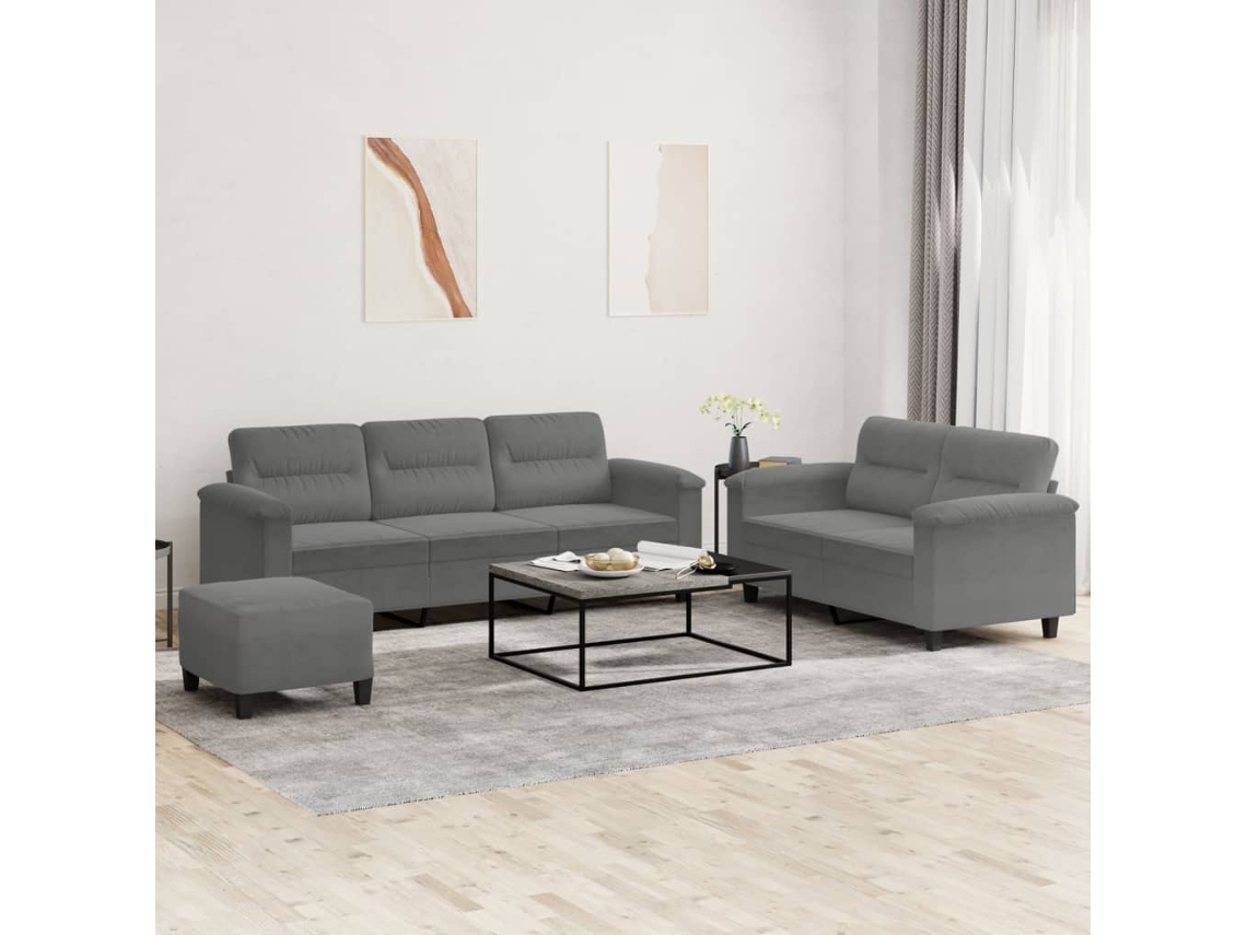 Vidaxl 3 Pcs Conj. Sofás C/ Almofadões Tecido Microfibra Cinza escuro