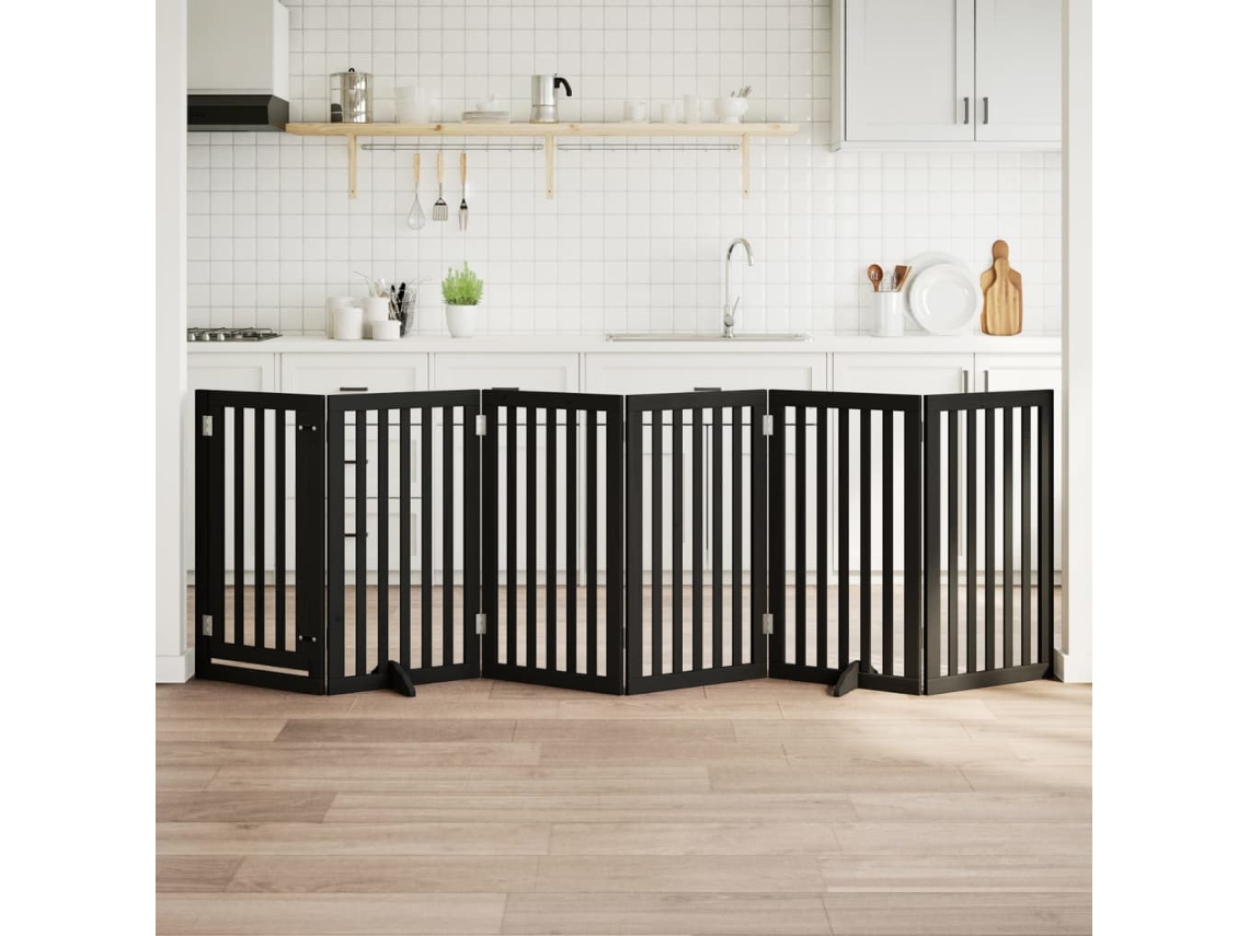 Vidaxl Portão P/ Cães Com Porta Dobrável 6 Painéis 300 Cm Álamo Preto