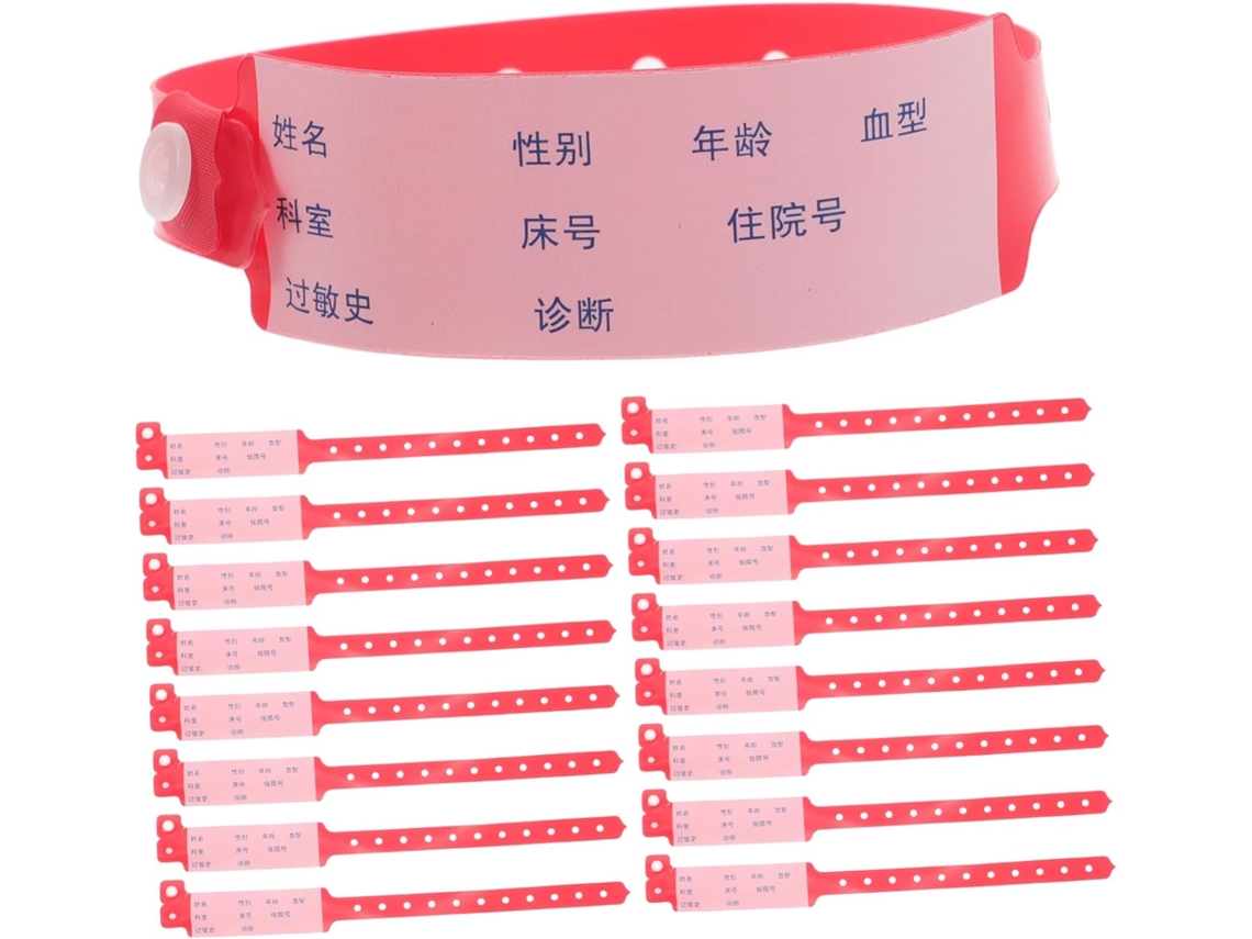 Pacote com 100 unidades de crachás descartáveis para identificação hospitalar de adultos, com pulseiras resistentes à água.