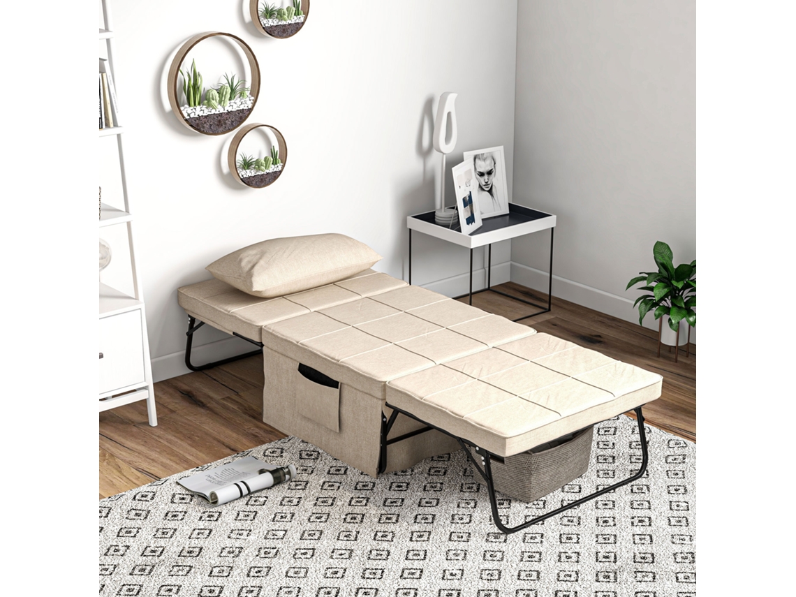 Sofá Cama 4 Em 1 Estofado Em Linho Com Encosto Ajustável Em 5 Níveis E Travesseiro Acolchoado 75x80x74 Cm Creme