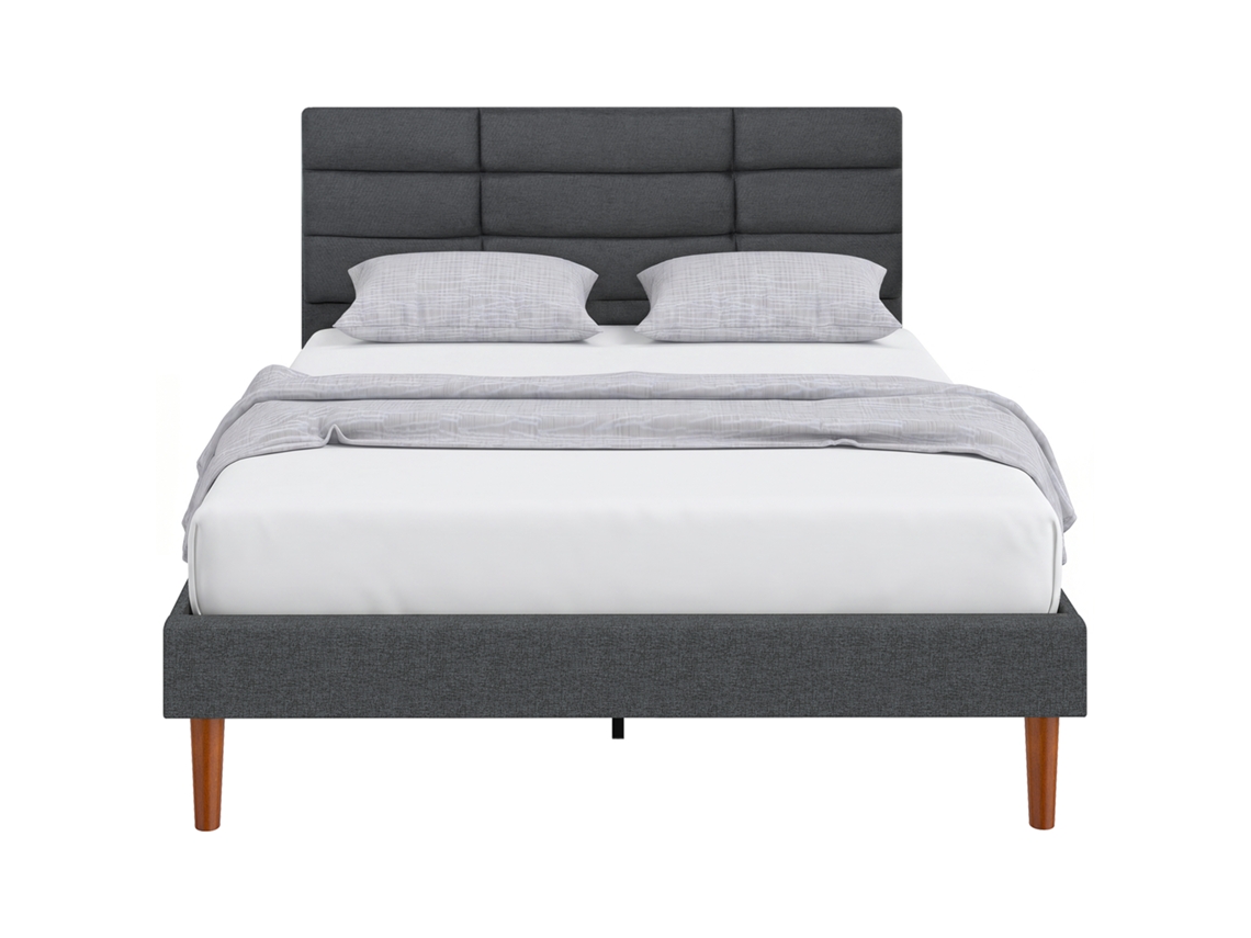 140 X 200 Cm Com Cabeceira Almofadada E Ripas, Cinzento Cama Estofada