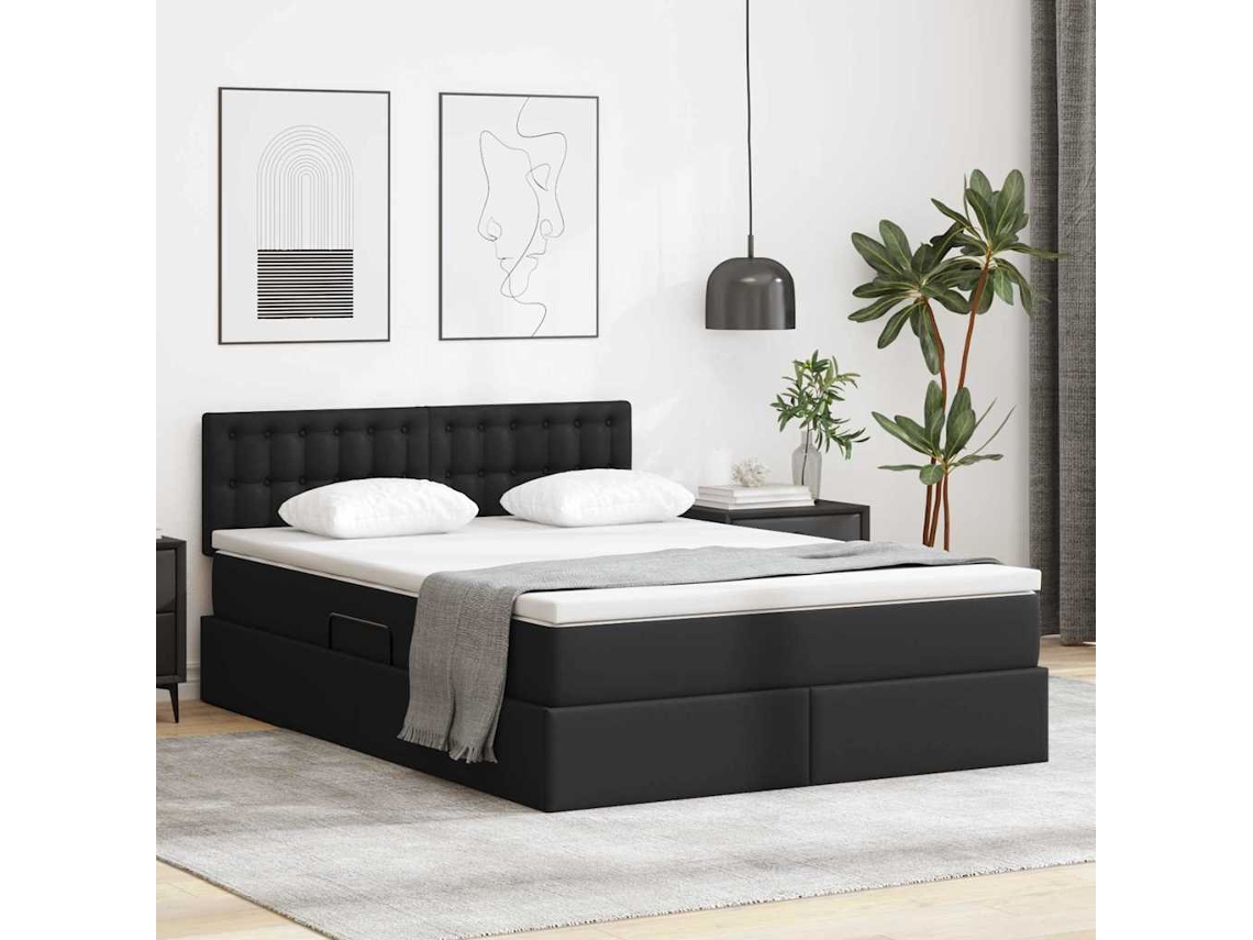 Vidaxl Cama com Arrumação e Led Preto 140 X 200 Cm Couro Sintético