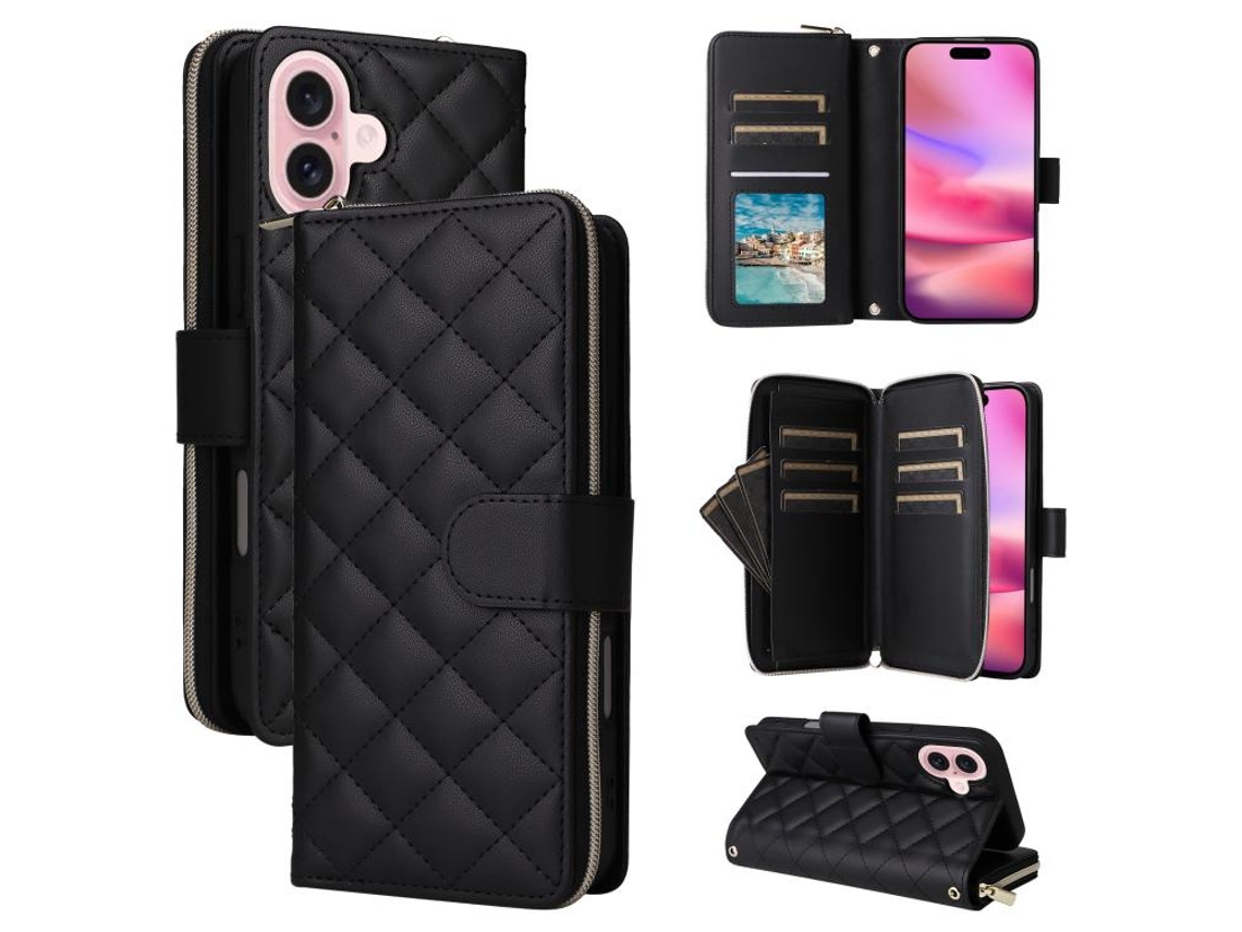Capa Para Iphone 17 Em Couro Com Zíper Em Formato De Losango E Fivela Com Alça.