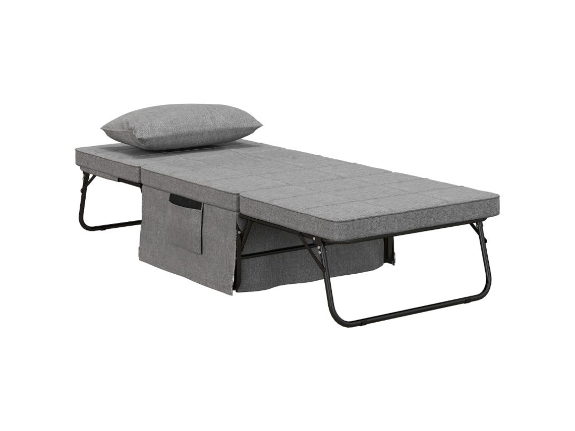 Cama Dobrável 4 Em 1, Cama De Hóspedes, Altura Ajustável, Colchão, Bolsos Laterais, Estrutura Metálica, Cinzento, 188 X 75 X 38 Cm