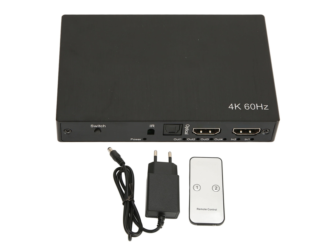 Comutador Divisor de Interface Multimídia 4k Hd 2 Entradas e 4 Saídas com Controle Remoto, Matriz 4x2 com Spdif e Áudio CHABERLU