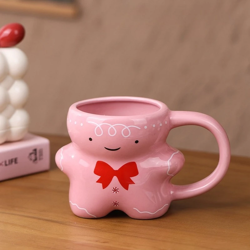Caneca de Cerâmica Fofa em Formato de Boneco de Gengibre , Criativa e em 3d para Café/chá com Leite. MDUG (rosa, 530ml)
