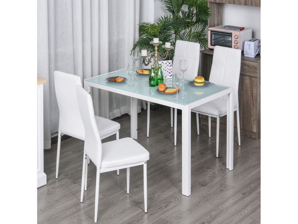 Conjunto De Jantar Com Mesa E 4 Cadeiras, 5 Peças, Mesa Retangular De Vidro Temperado E Cadeiras Estofadas Em Pu, Branco