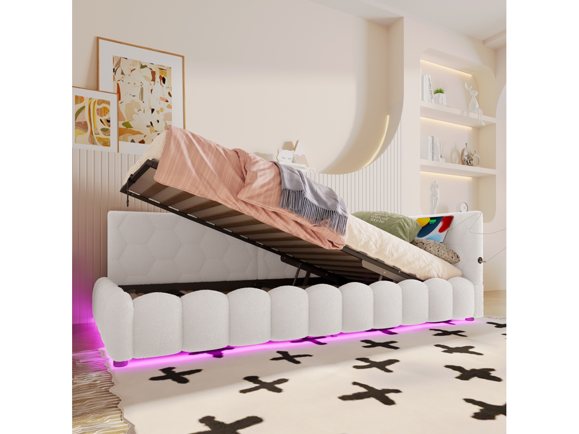 Sofá De Dia 90x200cm Com Led, Hidráulico, Usb, Typ-c E Vliesimitat Branco