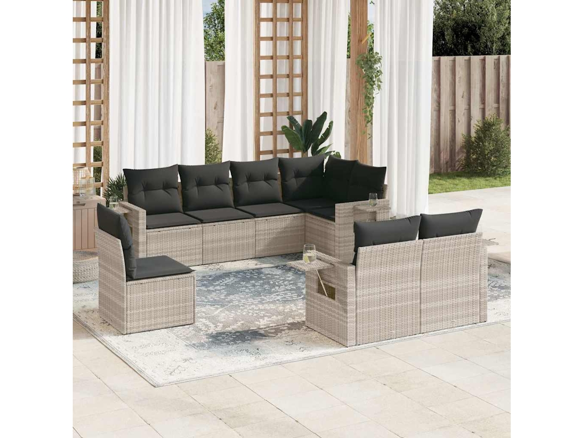 Vidaxl 8 Pcs Conj. Sofás Jardim C/ Almofadões Vime Pe Cinzento-claro