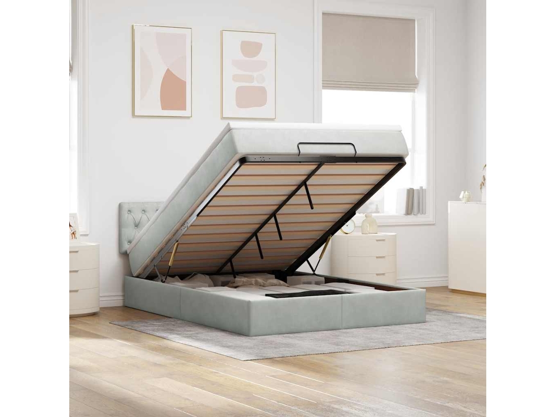 Estrutura De Cama Otomana Com Colchão 140x190 Cm Cinzento Claro