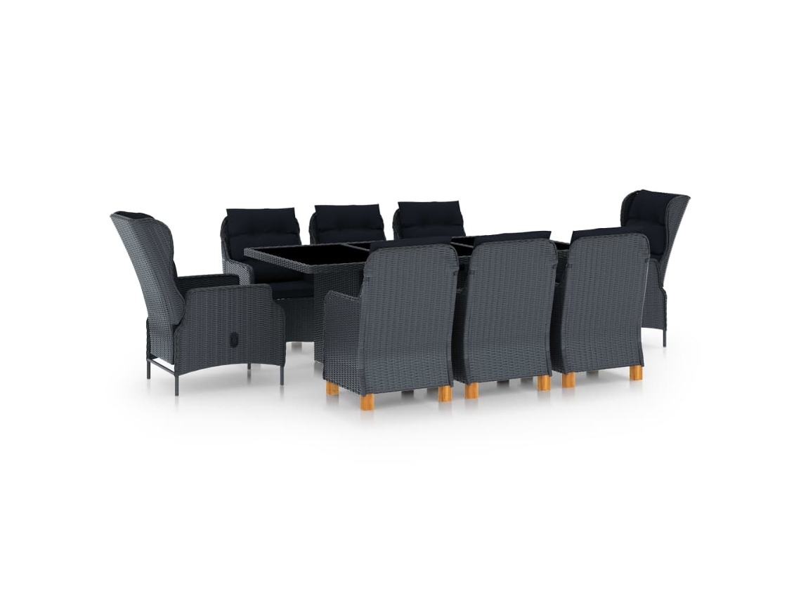 Vidaxl 9 Pcs Conj. Jantar Exterior C/ Almofadões Vime Pe Cinza-escuro