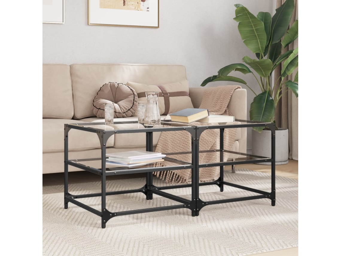 Vidaxl Mesas De Centro C/ Topo Vidro Transparente 2 Pcs 50x50x45cm Aço