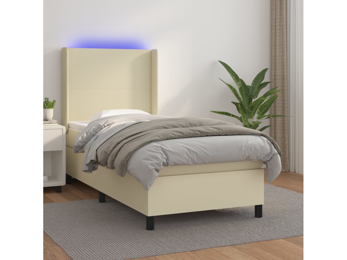 Vidaxl Cama Box Spring C/ Colchão/led 90x190 Cm Couro Artificial Creme