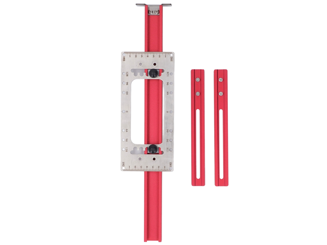 Gabarito para furação de puxadores de portas e armários com espaçamento de 64 mm, 96 mm, 128 mm e 192 mm.