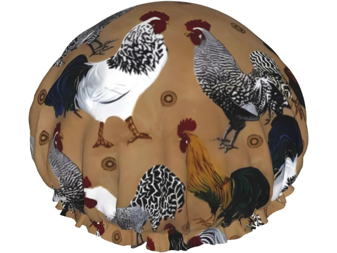 Touca De Banho Grande, Reutilizável E De Camada Dupla, Com Estampa De Galo E Galinha, Com Elástico Para Lavar O Cabelo –