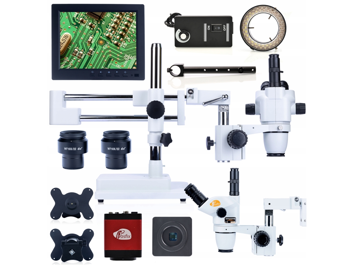 Conjunto de Microscópio Estereoscópico Moon Pro – Trinocular | Zoom de 6,7x a 45x | Tela de 8'' e Iluminação LED