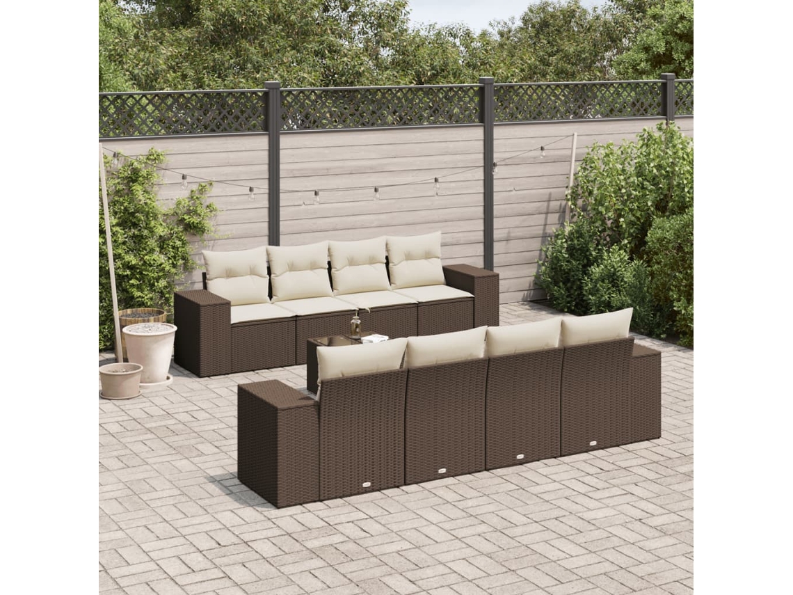 Vidaxl 9 Pcs Conjunto Sofás P/ Jardim C/ Almofadões Vime Pe Castanho