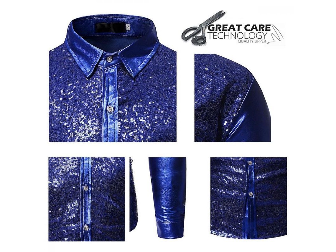 2026 camisa de Manga Longa com Lapela e Strass para Homem, Design de Camada Dupla, Poliéster L Azul