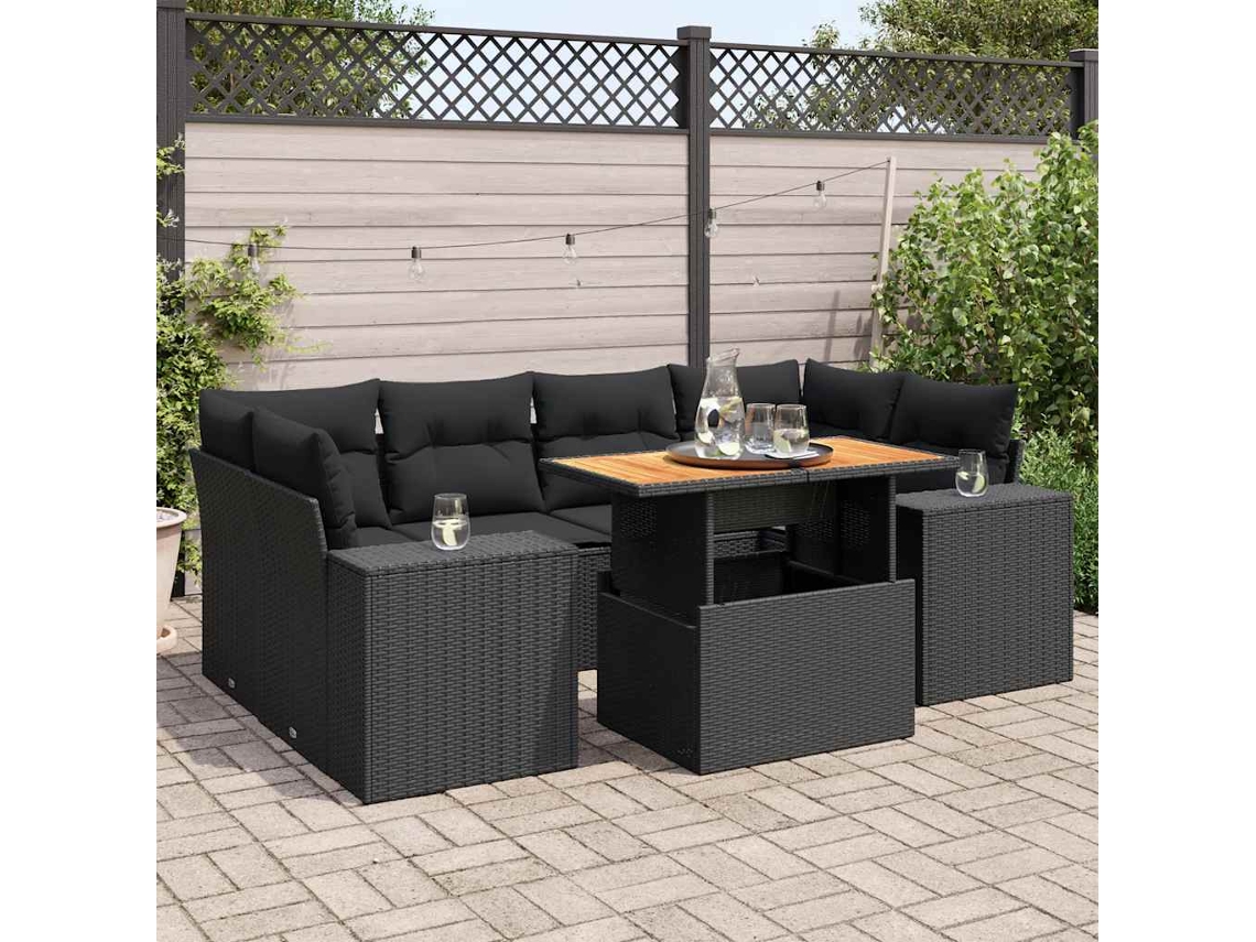 Vidaxl 7 Pcs Conjunto De Sofás P/ Jardim C/ Almofadões Vime Pe Preto