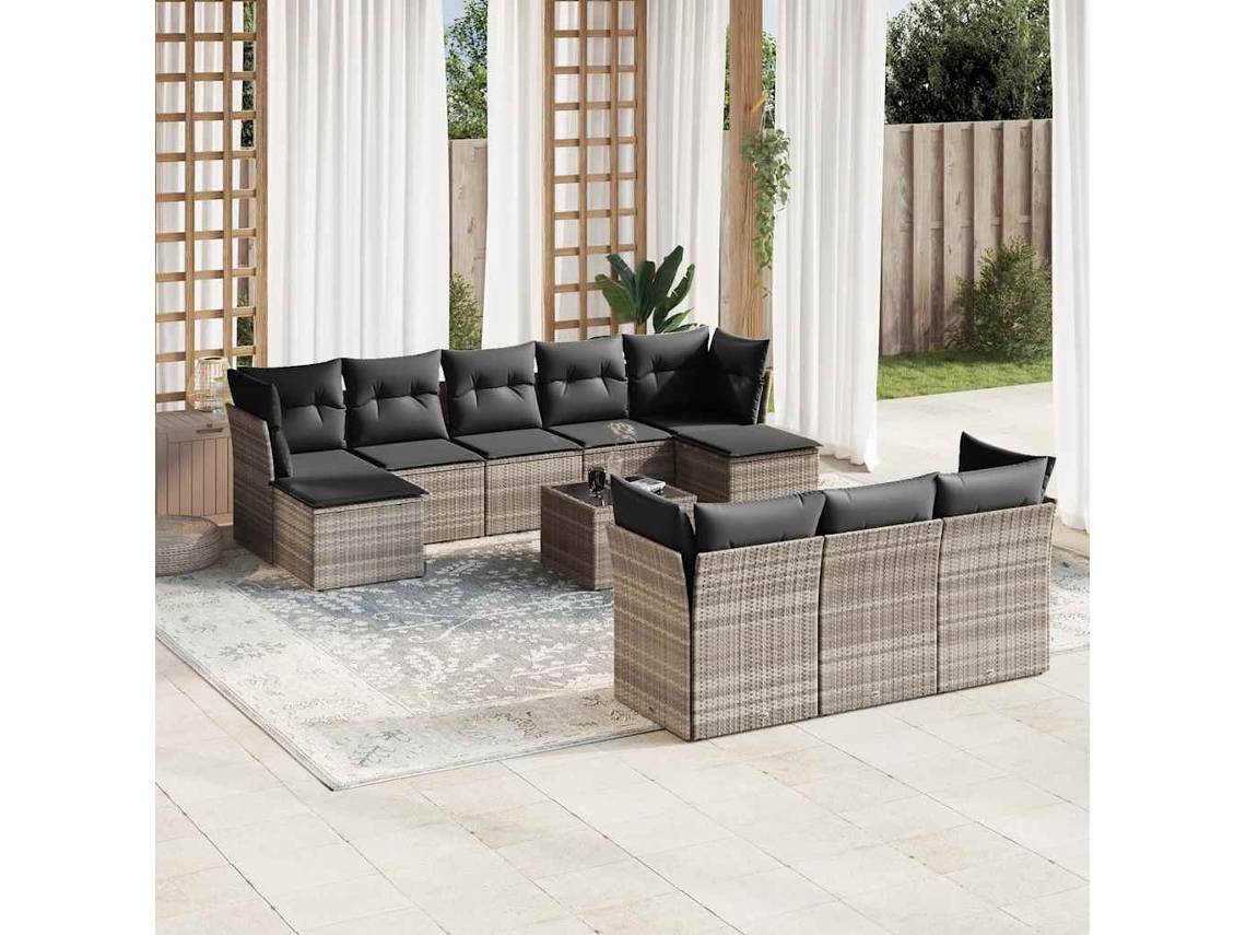 Vidaxl 11 Pcs Conjunto Sofás De Jardim C/ Almofadões Vime Pe Cinzento