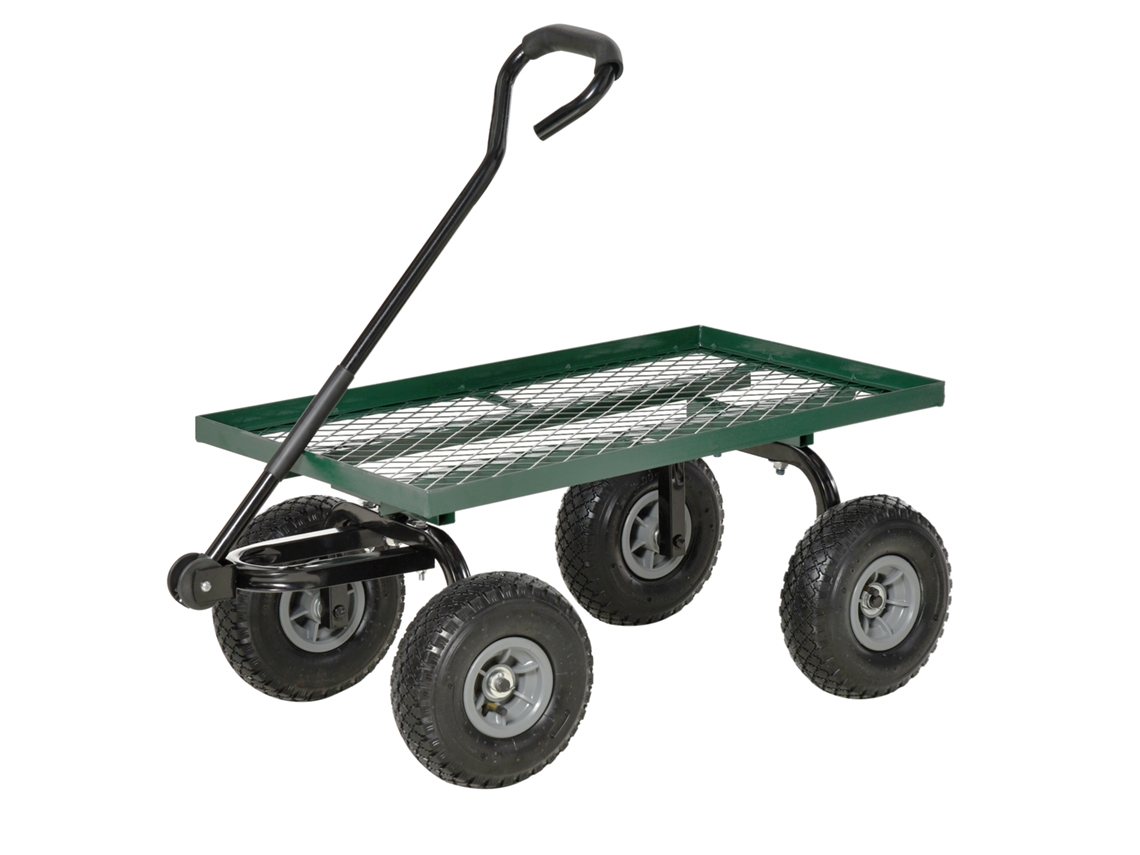 Carro De Transporte Com Pega Revestida E 4 Rodas Grandes De Ø24 Cm De Jardim Em Aço 94x48,5x100 Preto E Verde