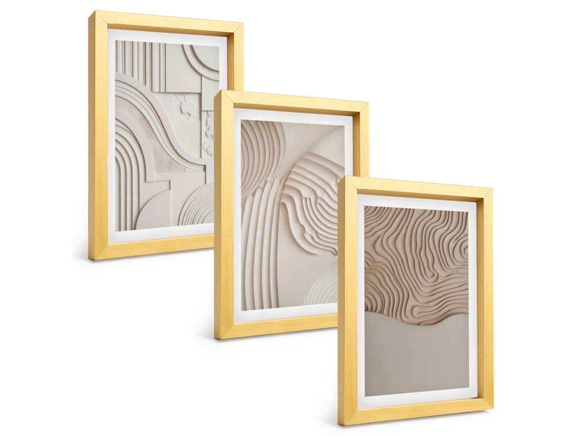 Composição De Quadrospadrões Abstratos Em Bege E Branco Moldura Dourada Imagens Para Um Quarto Infantil Espelharte (3 Peças 20x30 Cm)