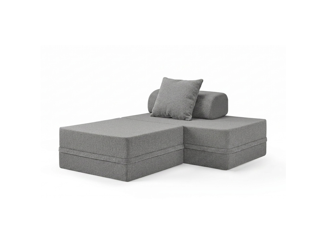Sofá Modular 2 Lugares + Puff Convertível Bouclette Cinza Escuro | SKOFFA