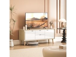 Móvel De Tv Moderno Para Sala Com 2 Gavetas Para Televisão 55 Polegadas 120x35x50 Cm Branco Brilhante E Carvalho