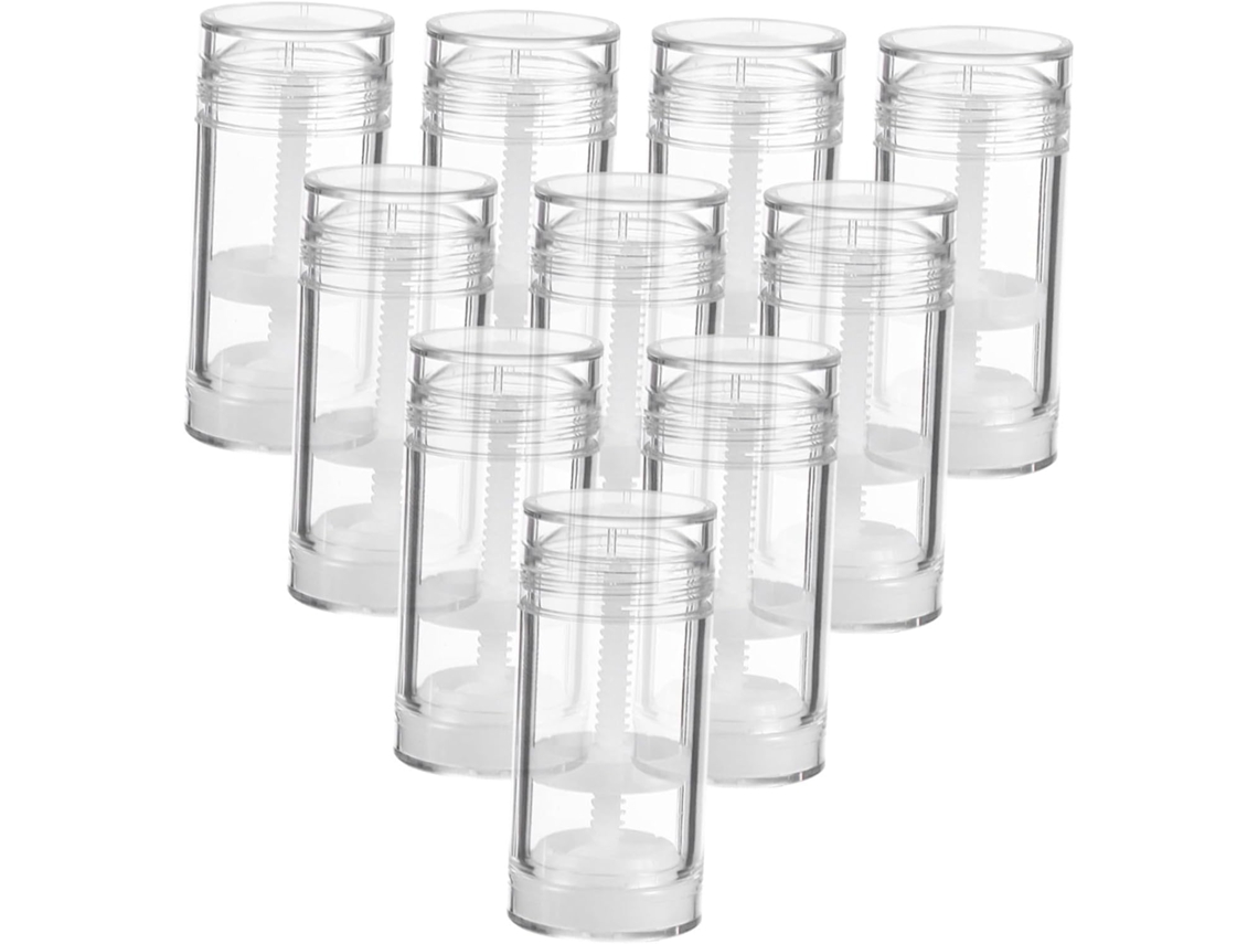 Pacote com 8 tubos vazios de plástico branco de 30ml para sistema desodorante sólido.