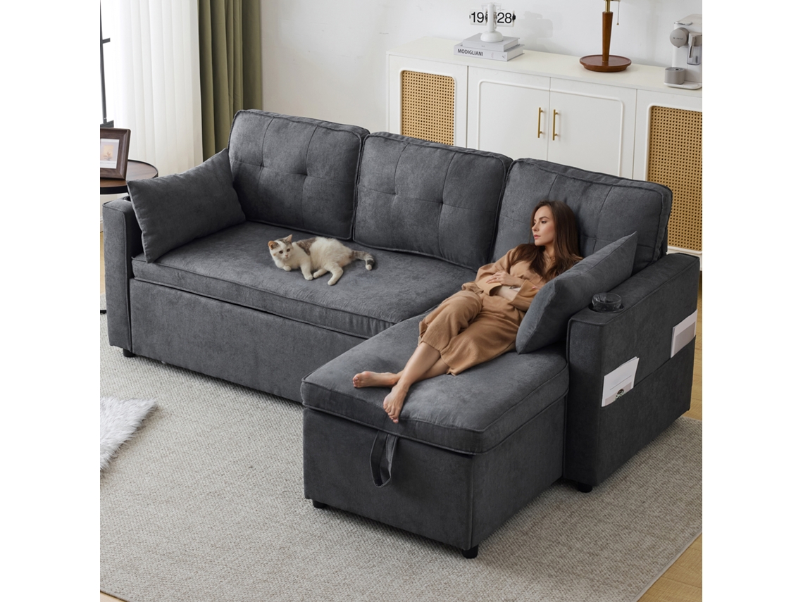 Sofá-cama Em L Moderno Com Chaise Reversível, Arrumação E Porta-copos Para Sala
