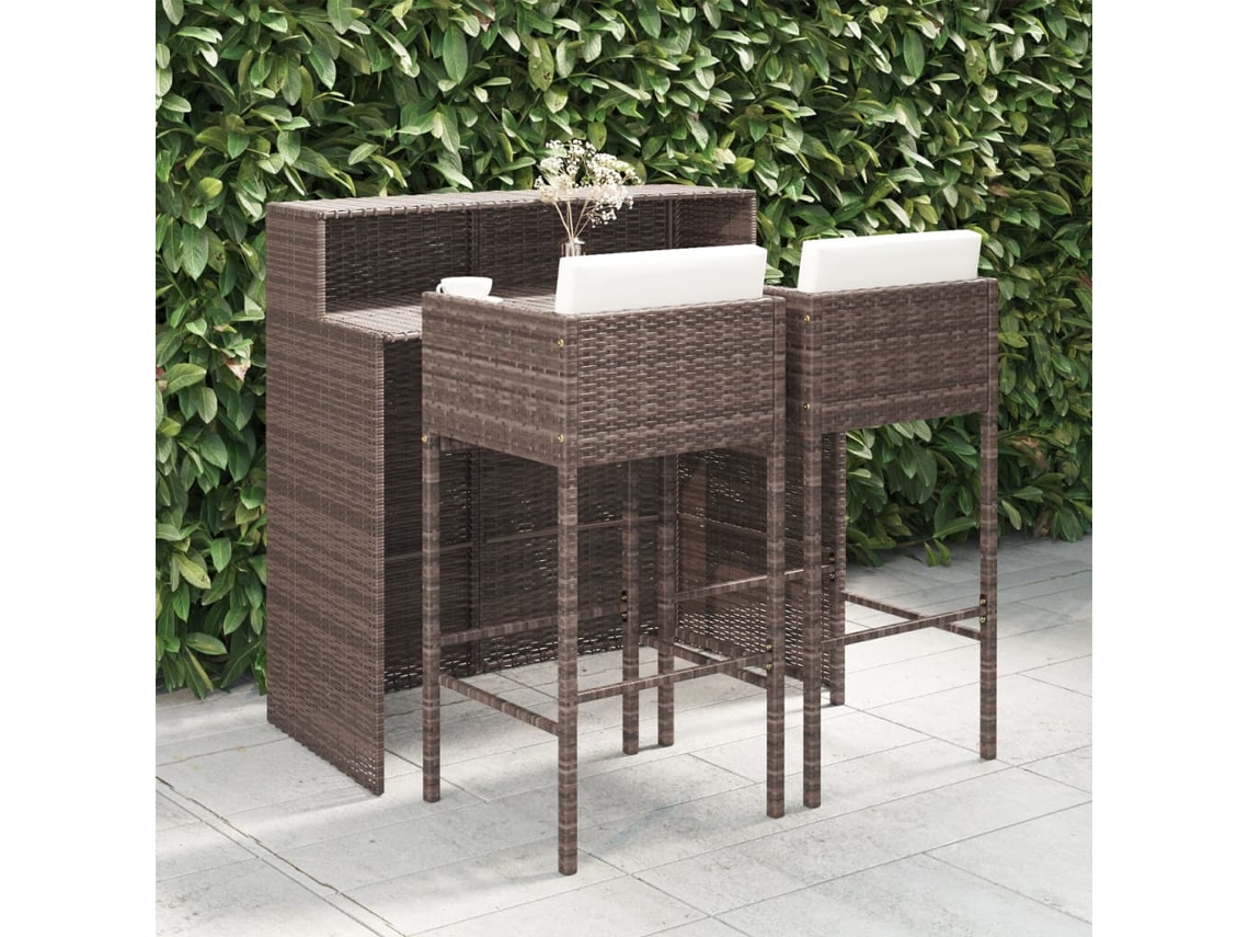 Conjunto Bar 3 Peças Para Jardim Com Almofadões Vime Pe Castanho Dkd Home Decor