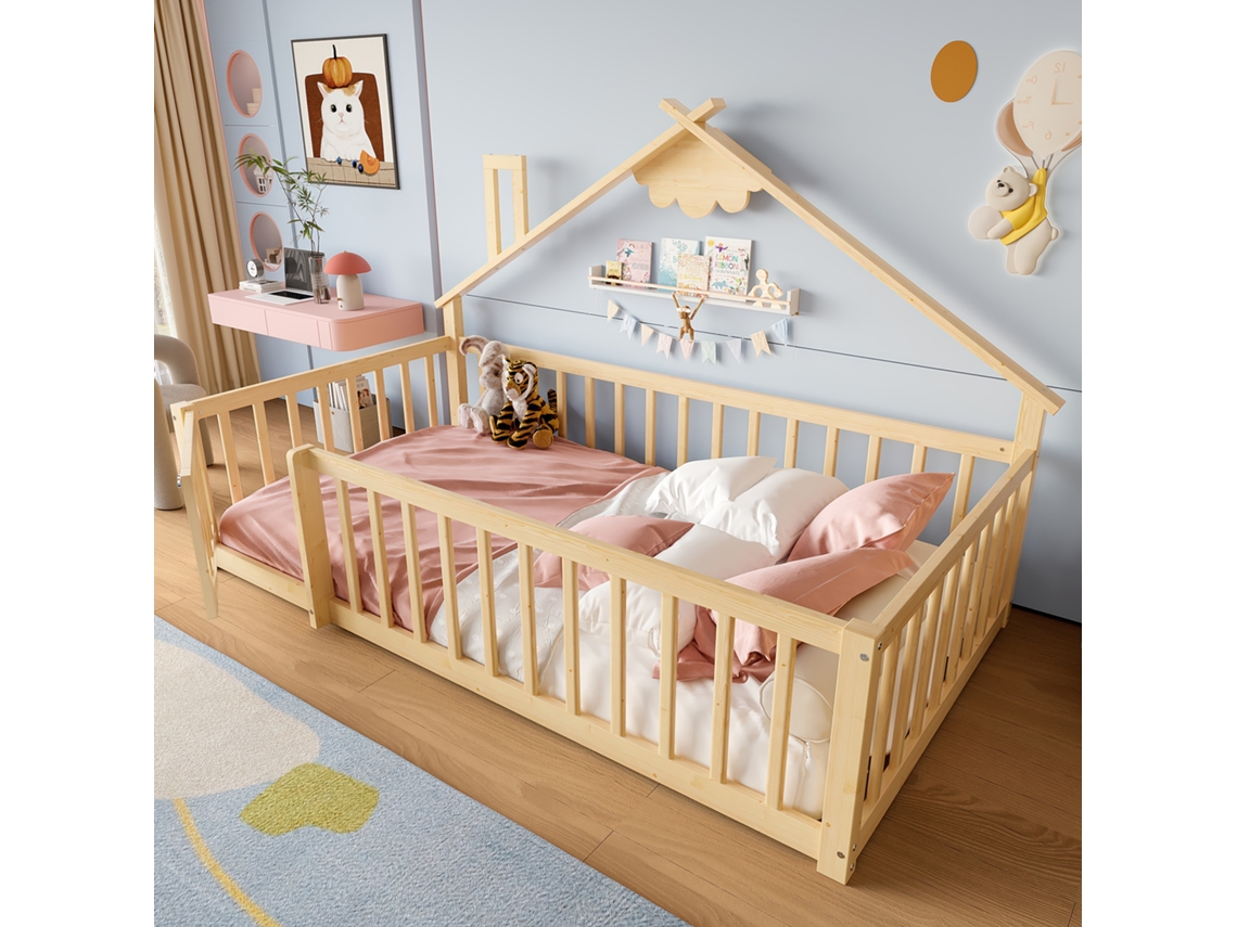 Cama Solteiro 90x190 Cm Criança Pinho Com Grade E Trava Natural