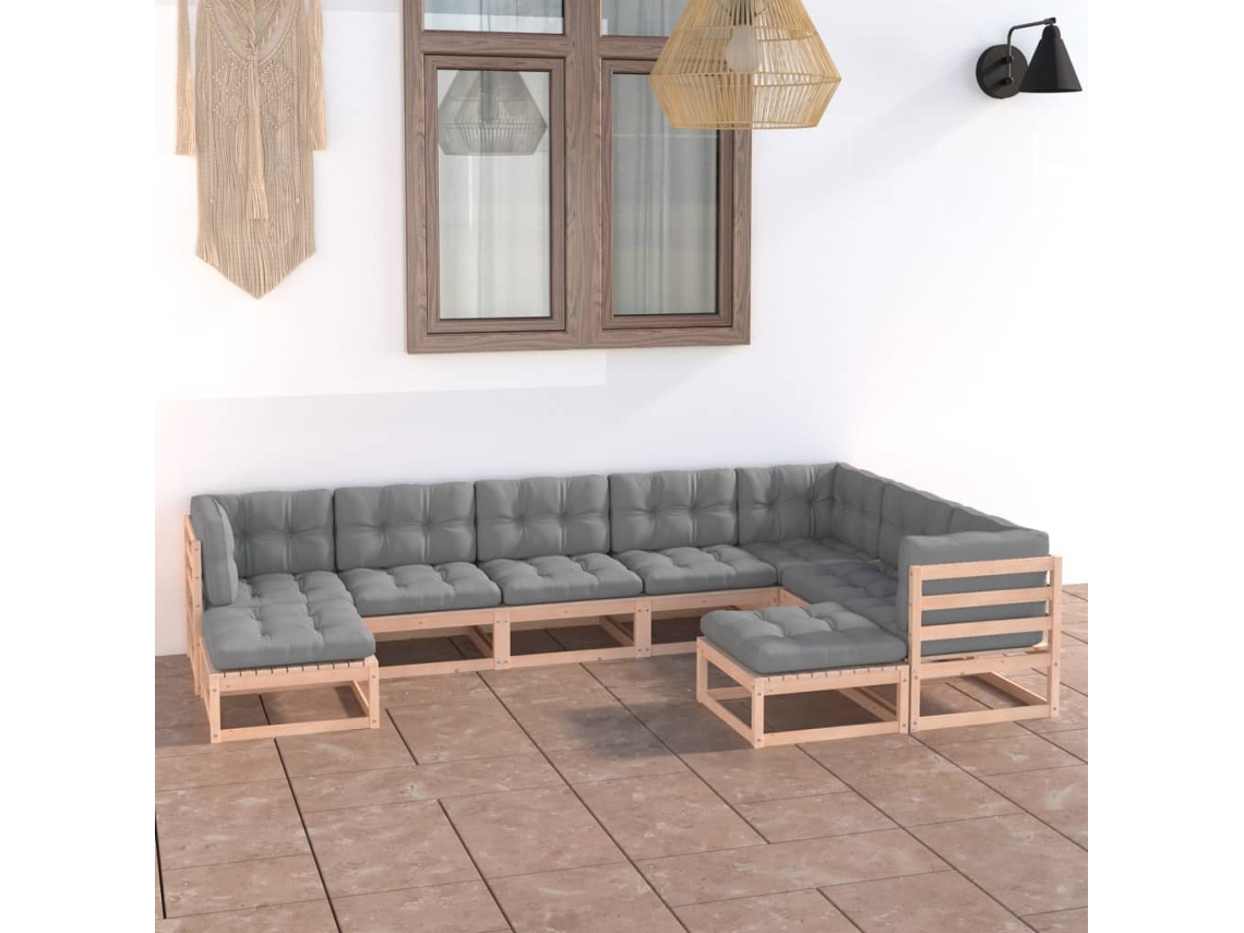 Vidaxl 9 Pcs Conjunto Lounge De Jardim C/ Almofadões Pinho Maciço