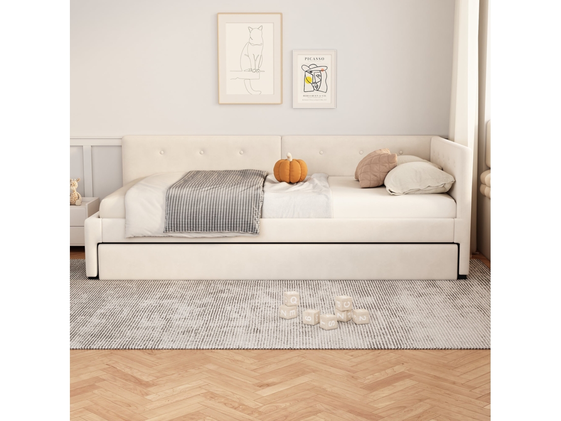 Cama auxiliar 90x200cm, veludo, extra 90x190cm, sofá cama, minimalista, confortável, bege, KOMHTOM