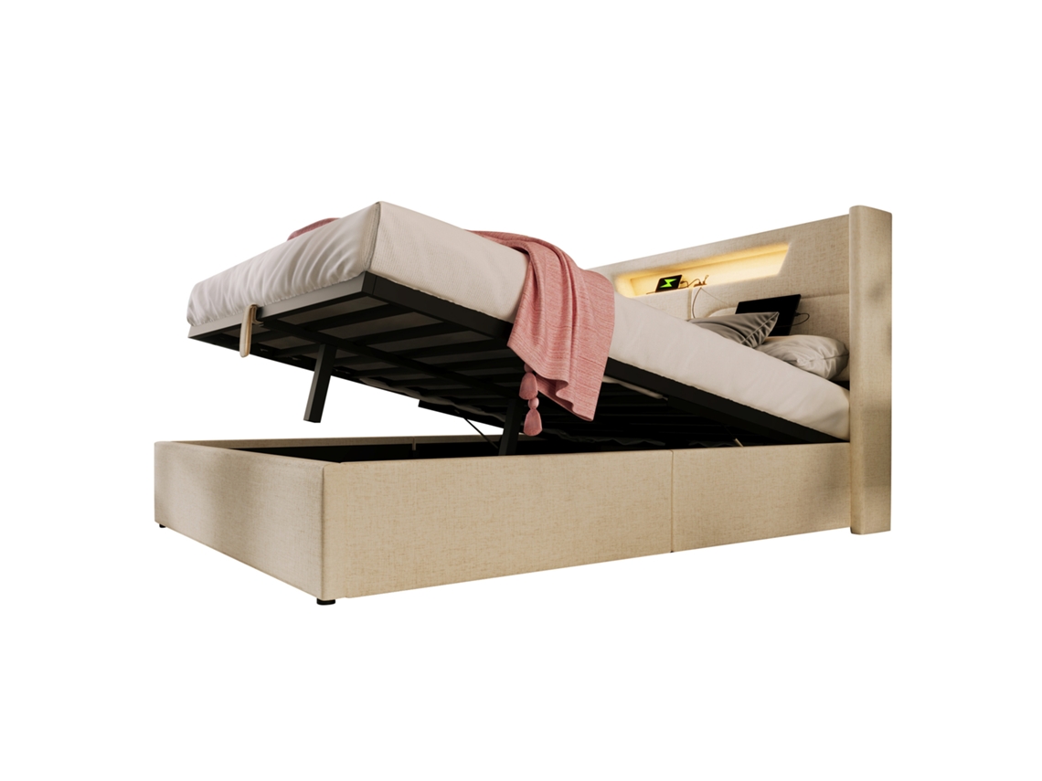 Cama estofada led com Usb tipo c, arrumação prática, estrutura em linho, para cama juvenil 140x200, colchão incluído PAPRIKA