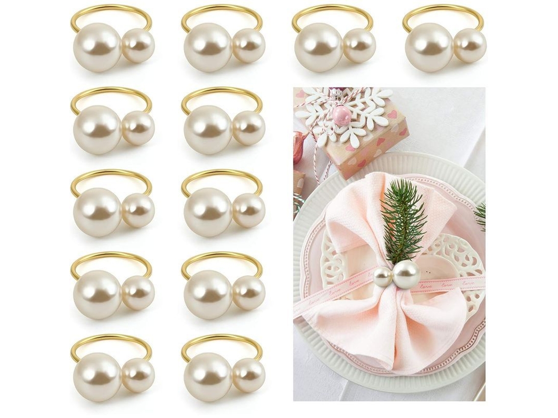 Conjunto de 12 Porta-Guardanapos Dourados com Pérolas, Estilo Clássico, Aço Inoxidável, Decoração de Mesa