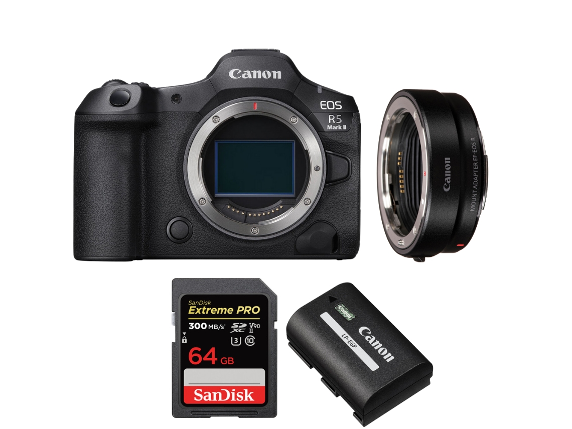 Eos R5 Mark Ii + Ef eos R + 1 Sandisk 64gb Uhs ii 300mb/s + 1 Canon Lp e6p + Ebook “20 Dicas para Fotos Que Impressionam” CANON