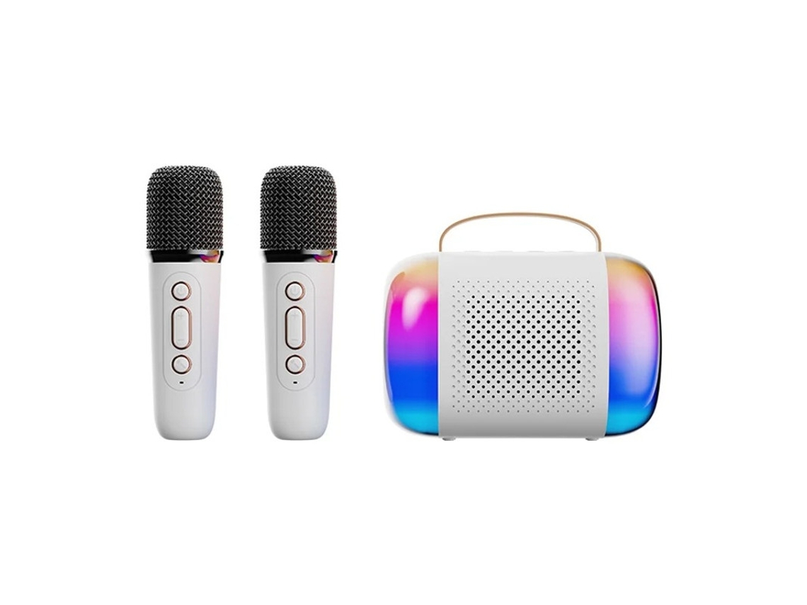 Mini máquina de karaokê portátil Yizhood com microfone duplo Bluetooth e alto-falante para crianças, branco